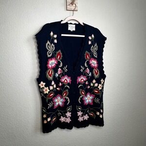 Susan Bristol Vintage 1994 Hand Embroidered Floral Navy‎ Knit Sweater Vest 1W